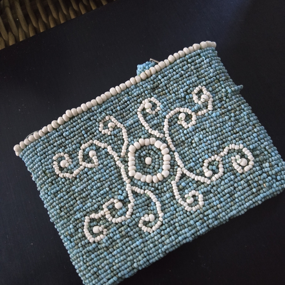 Handcrafted Beaded Clutch - Blue and White